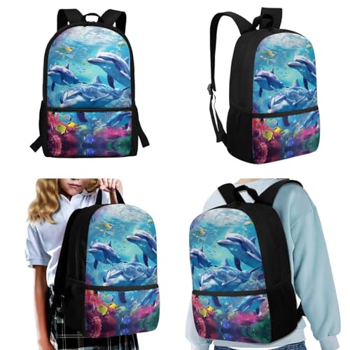 Upetstory Adorable Dolphin Kids Backpack for Girls Boys School Bag Set with Lunch Bag Pen Case Water Bottle Sleeve Elementary Book Bag Kindergarten Primary Middle School Travel Daypack - color: Dolphin