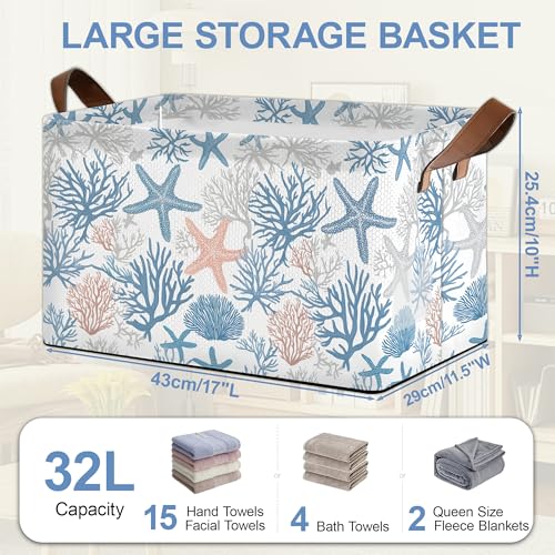 Starfish Coral Storage Basket with Handles,Shell Collapsible Rectangle Organizer Bin for Room Decoration Books Box Baskets 17x11.5x10Inch - color: Starfish Coral Shell
