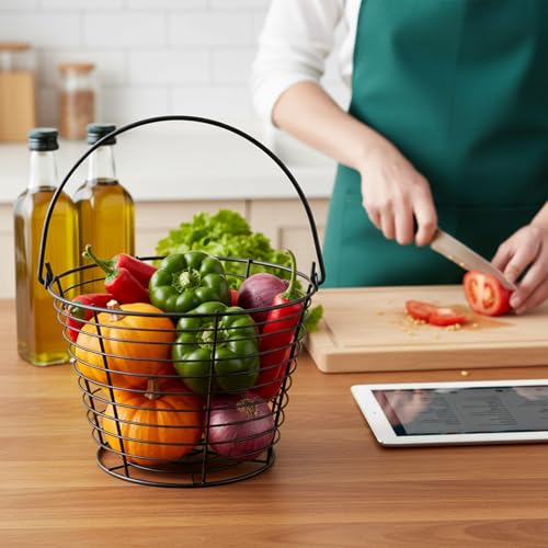 4 Pcs 8" Black Round Wire Egg Basket for Gathering Fresh Eggs Metal Egg Collecting Basket with Handle Chicken Eggs Holder Countertop Farmhouse Kitchen Decor Storage