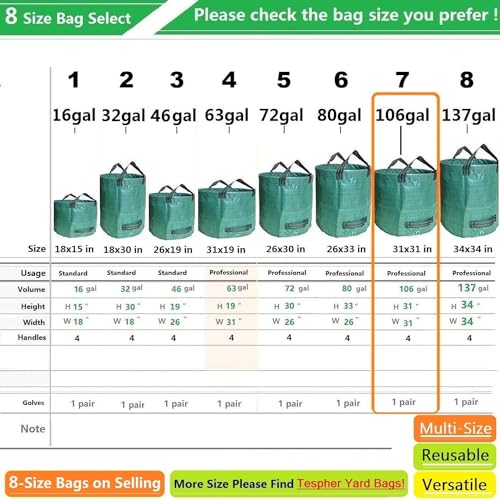 Professional 3-Pack 106 Gallon Large Lawn Garden Bags (D31,H31 inch) Reusable Yard Waste Bags with Gardening Gloves for Big Leaf Bag,Yard Debris,Garden Pruning,Lawn Clippings Bag,Weeds Bag 4 Handles