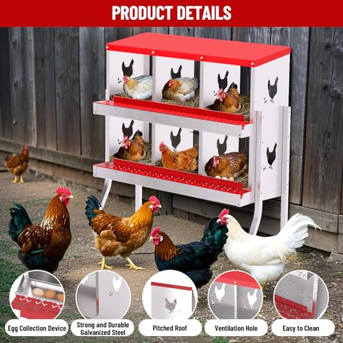 GarveeLife Nesting Boxes for Chickens, 6 Compartment Chicken Nesting Box with Metal Legs, Metal Chicken Laying Boxes with Perch, Secure Lid, Versatile Wall Mount or Free Standing for Hens, Red