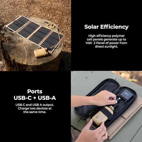 NESTOUT Portable Solar Panel, USB-C and USB-A Ports, 28W Solar Charger for Camping, Water Repellent Ripstop Nylon, Foldable Compact Design, Digital Ammeter, Adjustable Stand, Beige (4 Panel) - color: Beige 4-Panel (Upgraded)