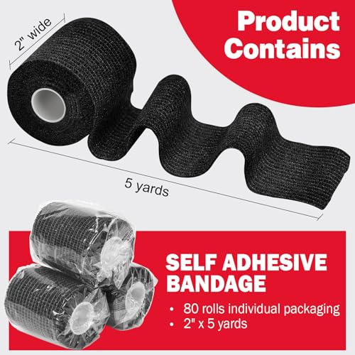 AZEN 80 Pack Self Adhesive Bandage Wrap Black, 2" X 5 Yards Black Athletic Tape, Vet Wrap, Tattoo Grip Tape Wrap，Ankle Tape, Cohesive Bandage Wrap - color: Black, size: 2IN - 80Pack