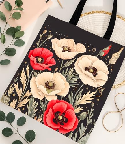 Aesthetic Floral Canvas Tote Bag - Reusable Shoulder Tote Bag for Women Lady Casual Vacation, Shopping, Work, Gym - color: 7