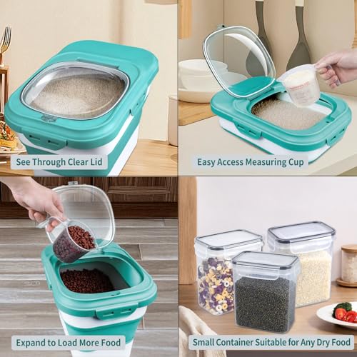 Rice Storage Container, Collapsible Airtight Food Storage Containers 6-20 Lbs, Rice Dispenser with Measuring Cup and Small Bin for Flour Cereal Pasta Grain, Cat Pet Dog Bird Food Container - color: Green