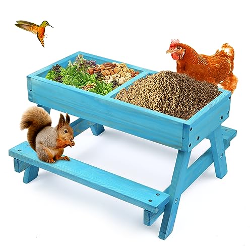 Chicken Picnic Table, Chicken Feeder No Waste Handmade Wooden, Large DIY Chicken Feeder Kit, Wild Bird, Duck & Squirrel Feeders, Mesh Bottom Keep Food Fresh and Dry Easy to Clean and Fill（Blue Paint） - color: Blue Solid Wood