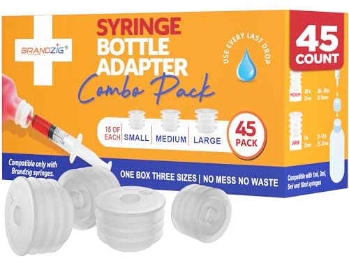 Medicine Bottle Syringe Adapter For Oral Dispensers 45 Pieces 3 Sizes (15 each size) | Press In Bottle Adapter for Liquid Medication | Only Fits Brandzig 1ml, 3ml, 5ml & 10ml Syringes