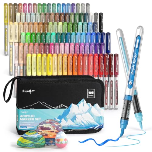 JusArt Acrylic Paint Markers Brush Tip, 108 Basic & Metallic Colors | Automatic Ink Control, Water-Based Paint Pens with Canvas Bag, DIY Art & Crafts -Fabric, Rock, Wood, Glass, School Classroom - color: 108 Colors