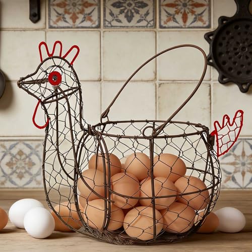 Chicken Egg Basket for Gatheirng Fresh Egg,Wire Egg basket | Rooster Shaped Egg Collection Basket,Metal Egg Collecting Basket with Handle, Farmhouse Countertop Decor Kitchen