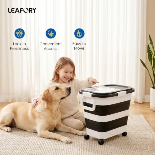 Dog Food Storage Container 30-40lbs, Airtight Pet Food Bin w/ Clear Window | Collapsible Rolling Storage Container with Wheels and Scoop; Black - color: Black-L
