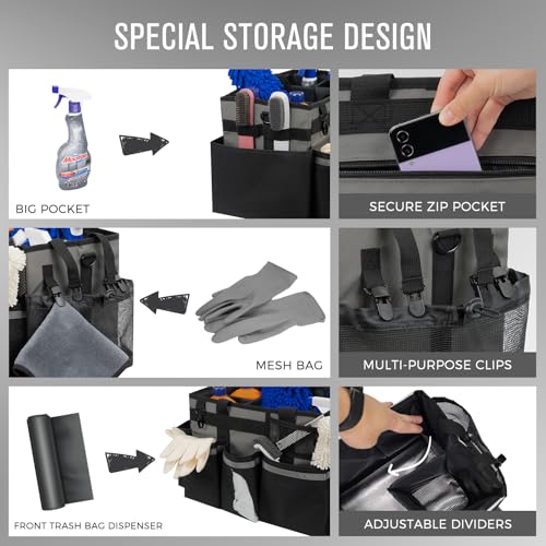 SCAVATA Wearable Cleaning Caddy, Cleaning Caddy Supplies Organizer with Handle & Shoulder Straps for Housekeepers, Under Sink & Car Cleaning Tool Organizers Bag with 4 Foldable Divider (MediumGrey) - color: MediumGrey