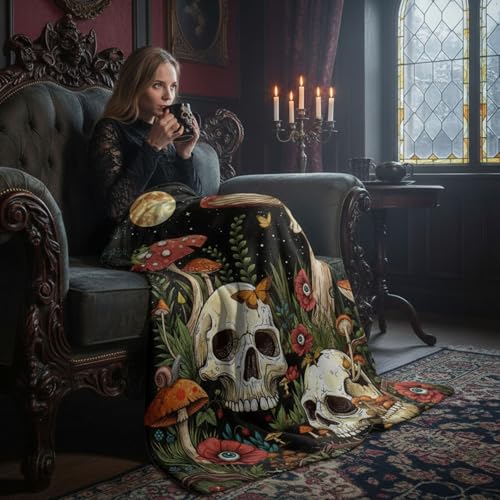 Modern Gothic Skeleton Blanket Gifts for Men Women Kids Romantic Starry Night Floral Skull Throw Blanket Gifts 50"x60" - color: Red