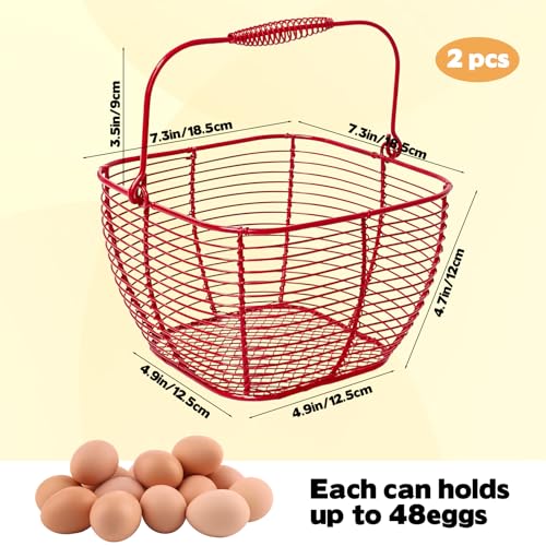 2 PCS Wire Egg Baskets for Gathering Fresh Eggs with Handle 7 Inch Red Square Metal Chicken Duck Eggs Collecting Countertop Basket Egg Holder Farmhouse Fruit Storage Container
