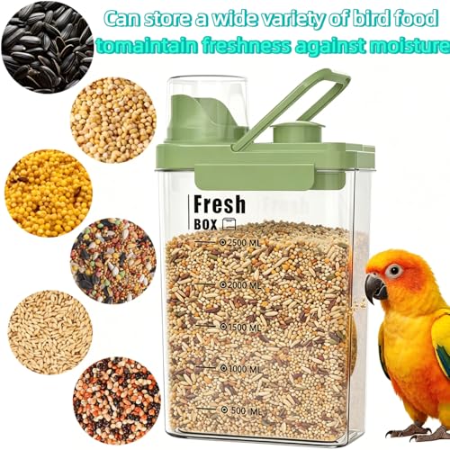 Bird Seed Storage Container with Lids Airtight Measuring Cup, Bird Seed Dispenser Pet Food Container are Used to Store Bird Food, Chicken Feed BPA Free,3 Qt/2.8 L,with Pouring Port(Green)