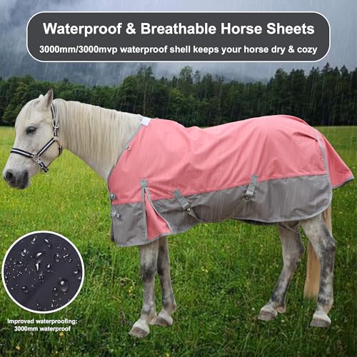 1200D Horse Blanket, 0g No-Fill Waterproof Turnout Rain Sheet | 1200D Ripstop Outer, Waterproof Breathable Shell, Anti-Rub Lining, 0g No-Fill, Keep Dry in Mud & Wet Weather, Large Tail Flap - color: Pink Grey, size: 72"