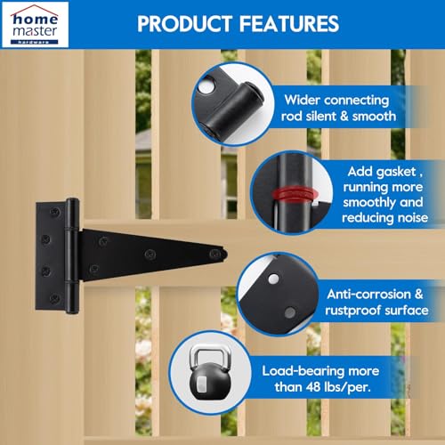 HOME MASTER HARDWARE 6" Heavy Duty Gate Hinges, 4 Pack T Strap Hinges | Stainless Steel T Hinges for Wooden Fences, Shed, Barns, Rotate 270 Degrees, 48LBS Capacity, Included Screws, Black Finish - color: Black, size: 6" - 4pack