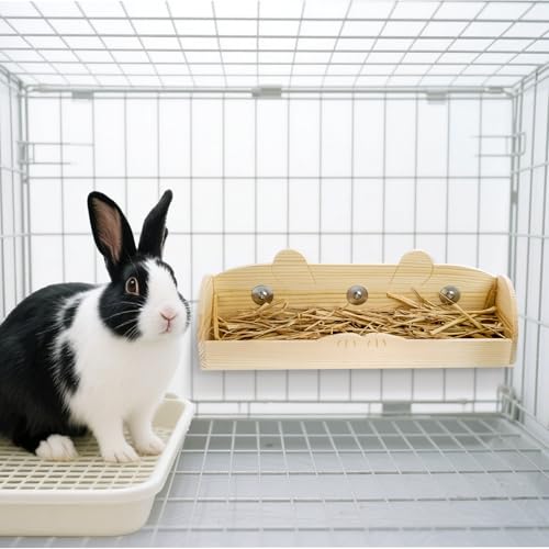Rabbit Hay Feeder, Wooden Bunny Food Feeding Manger, Rabbit Hay Holder Less Wasted Food Dispenser for Guinea Pig, Chinchilla, Hamster