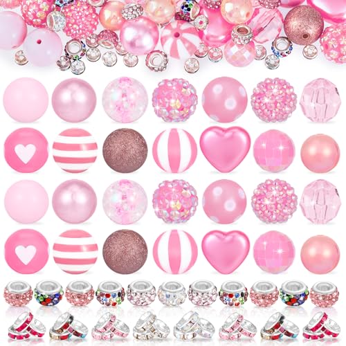112 Pcs Red Bubblegum Beads for Pens, Spacer Beads, Pink | 28 Pcs Pen Beads 14 Styles, 84 Pcs Spacer Beads, Colorful Rhinestone Bead for Jewelry Making,Valentine's Day - color: Pink