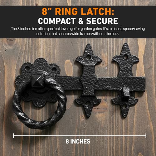 GATEMATE® B5612003 Ornamental Ring Gate Latch | 8" (200mm) Black | Durable and Decorative Gate Hardware | Powder-Coated Finish | Includes Fittings for Easy Installation - color: Dull Black