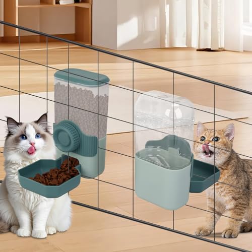 Hanging Cage Automatic Food Water Dispenser Detachable Auto Gravity 0.9 L Self-Feeding Feeder and Waterer Set, Crate Auto Feeder Dish for Small Pets Puppy Cats Ferret Bunny Guinea Pig