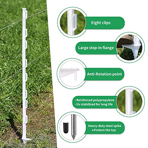 FENSMILE 25 Pack 48Inch Step-in Electric Fence Posts with Clips, White | Temporary Fencing · 8 Integrated Clips · Reinforced Steel Spike · For Garden and Farm