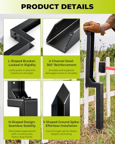 SakerNeo 32" Heavy Duty Steel Fence Post Repair Kit for Leaning Broken Post | Fence Post stabilizer Includes Screws & Tool, Post Anchor Stabilizer, 2 pcs, Easy Installation, Rust-Resistant Coating - style: 2 pcs