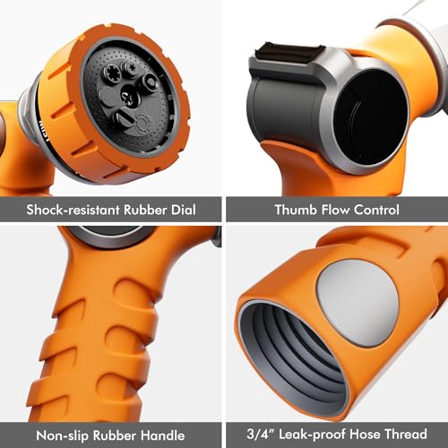 RESTMO Heavy Duty Hose Nozzle, Metal Garden Water Hose Sprayer | 7 Watering Patterns, Thumb Control, On Off Valve, Leak Proof Nozzle Sprayer for Watering Plants, Car & Pet Washing, Orange - color: Orange