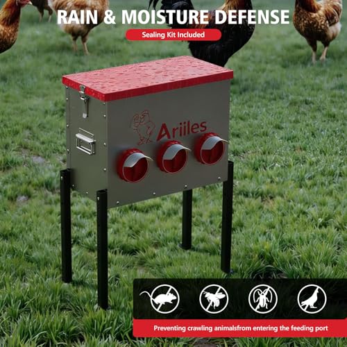 Automatic Chicken Feeder, Metal Poultry Feeder, Chicken Feeders | 40LB Poultry Feeder With Stand & 6 Ports. Includes Bonus Vegetable Net, Feeder Sealant And Anchor Stakes For Chicken. - size: 40 LB