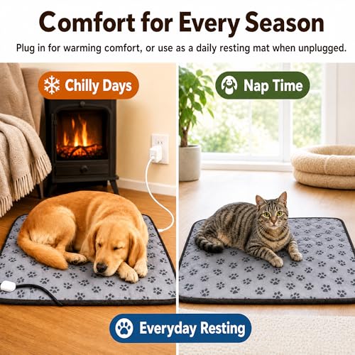 Cat Heating Pad 18'' × 18'' Self-Warming Pet Bed, Electric Heated Dog & Cat Pad, Waterproof, Temperature Adjustable, Fast Heating, Safe Thermostat for Kittens Puppies Small Pets