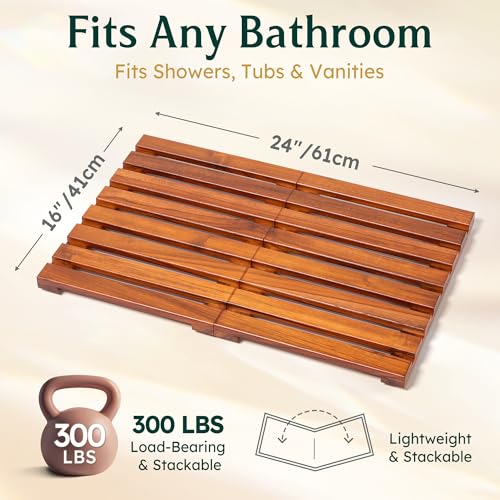 24x16 Teak Shower Mat, Non-Slip Solid Wood Bath Duckboard | Fast-Drying Spa-Style Wooden Slat, Heavy Duty Floor Panel for Bathroom, Indoor & Outdoor Use - size: 24" x 16" (Rectangular)