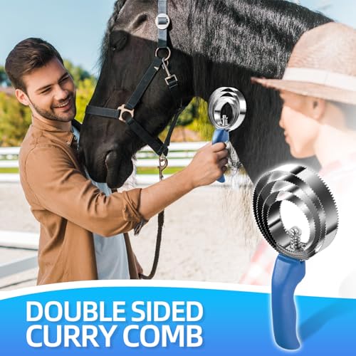 Double Sided Stainless Steel Curry Comb With Soft Grip, Shedding & Grooming Tool For Dogs, Cattle & Horses (Blue) - color: Blue