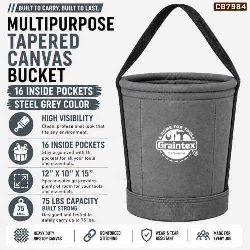 Graintex Canvas Utility Bucket 12"x10"x15". Tapered Tool Bucket, Reinforced Base & Carry Handle, Ripstop Canvas, Multi-Purpose Bag for Jobsite, Gardening, Home Use (Steel Grey) - color: Steel Grey