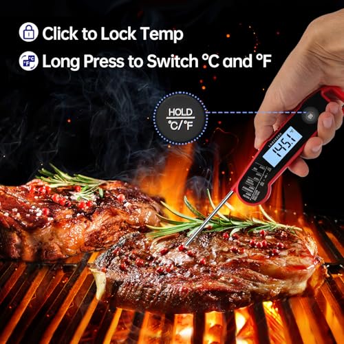 Lonicera Instant-Read Meat Thermometer, 1-Second, IP67 Waterproof, Red | Thermocouple sensor delivers readings in 1 second with ±0.9°F accuracy, plus IP67 waterproofing, auto-rotate and wake - color: RED
