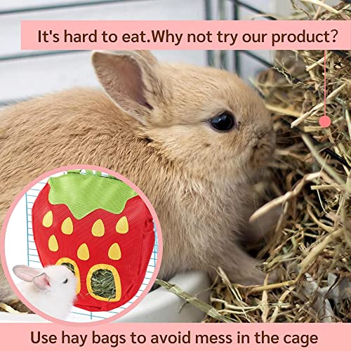 JanYoo Rabbit Hay Feeder Bag for Cage Guinea Pig Timothy Hay Dispenser Storage Manger Hanging Large Less Waste for Bunny - color: A-Strawberry