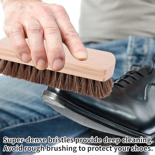 2pcs Horsehair & Rubber Shoe Brush Set, 2 Styles Boot Magic Eraser Cleaning Brush with Wood Handle Nubuck Cleaner Kit for Leather & Suede Shoes Boots