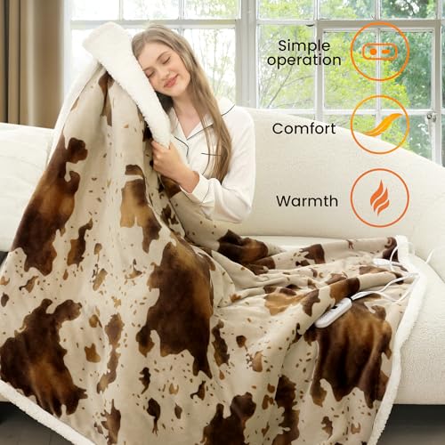 Heated Blanket Throw Blanket - Fast Heating Electric Blanket, Soft Heated Throw with 4 Time Settings,10 Heating Settings, Warm Gifts for Women Mom Grandma(50" x 60" Cow Print Apricot) - color: 05 - Apricot Ombre-khaki, size: Throw 50" x 60"