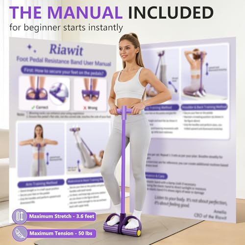 Pedal Resistance Band with Handle, 6-Tube Natural Rubber Exercise Bands | Upgraded Foot Pedal Resistance Bands for Working Out, Multifunction Tension Rope for Abdomen, Waist, Arm, Leg, Pilates - color: Purple