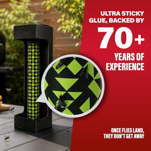 Catchmaster Fly Stick 4-Pack, Sticky Hanging Fly Traps Indoor & Outdoor | High-contrast pattern hides caught flies; Unscented; Captures flies, gnats & insects; Heavy duty glue; Hang or stand
