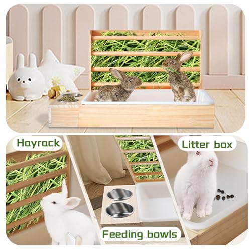 Rabbit Hay Feeder with Litter Box, 3 in 1 Wooden Bunny Feeder, Small Animal Hay Holder Rack for Rabbit, Guinea Pig, Hamster, Ferrets
