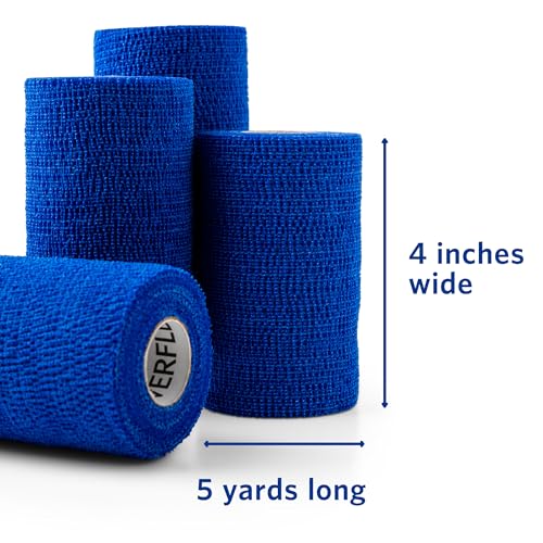 PowerFlex Equine – Extra Strong Self-Adhering Bandage Wrap – Wound Care, Compression & Support Bandage for Horses, Cows & Dogs – Blue, 4 inch, 4 Rolls (Resealable Case) - color: Blue