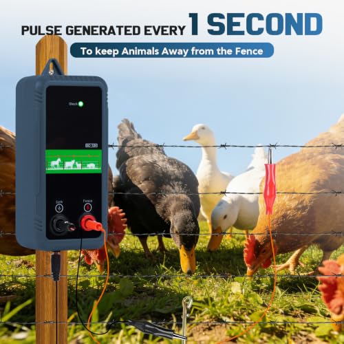 5Miles/ 8KM Electric Fence Charger, 1J Energy Output 10KV Voltage, AC DC Electric Fence Charger for Preventing Wild Animals Intruding Great for Gardens, Poultry, ‌Front Yard