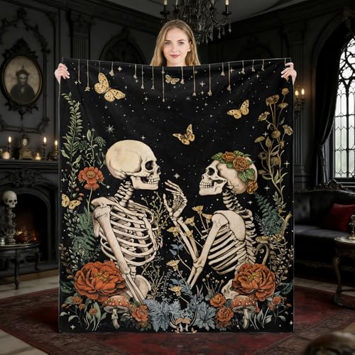 Gothic Floral Skeleton Blanket Gifts for Men Women Kids Moon Starry Night Lovers Throw Blanket Gifts 50"x60" - color: Black