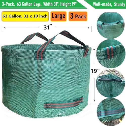 Professional 3-Pack 63 Gallon Lawn Garden Bags Large (D31,H19 inch) Yard Waste Bags W/Gardening Gloves,Standable,Reusable Leaf Bag,Lawn Debris Bin,Garden Trash Container,Plant Trimmings Bag 4 Handles - size: 1 Count (Pack of 3)