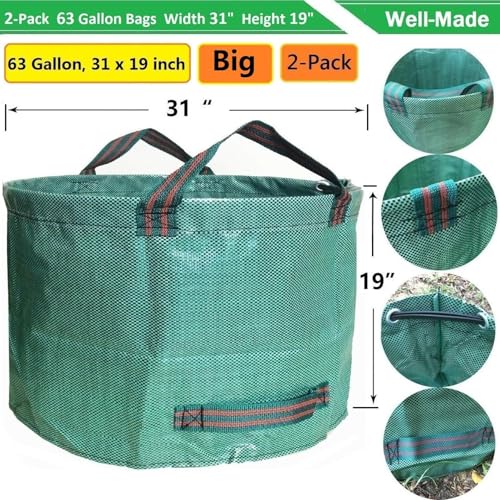 Professional 2-Pack 63 Gallon Lawn Garden Bags Big (D31,H19 in) Yard Waste Bags with Gardening Gloves for Reusable Leaf Bag,Garden Trash Containers,Lawn Weeds,Grass Clippings,Yard Debris Bag 4 Handles