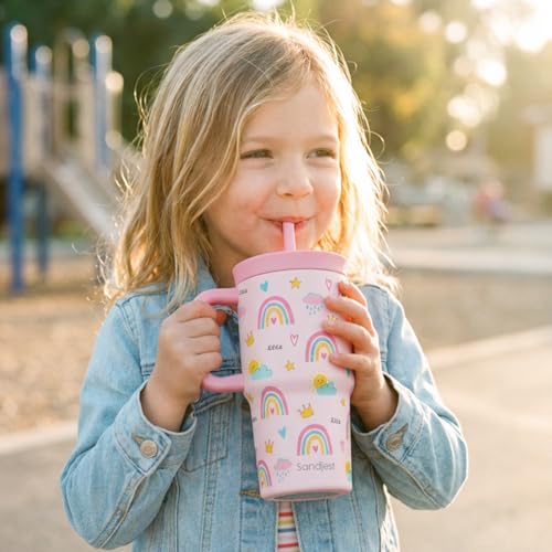 SANDJEST Rainbow Stainless Steel Tumbler 20oz with Handle and Silicone Straw Locking Lid for Kids Girls, Birthday Christmas Back to School - color: Rainbow