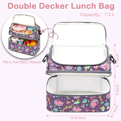 FlowFly Double Decker Cooler Insulated Lunch Bag Large Tote for Boys, Girls, Men, Women, With Adjustable Strap (Purple-Unicorn) - color: Purple-Unicorn
