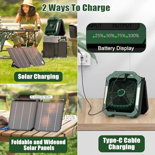 Portable Camping fan Rechargeable, 2-in-1 Battery Powered Solar Fan with Detachable Solar Panel, 270° Rotation Personal USB Desk Fan with 3 Speed/Timer/LED Light/Hanging Hook for Outdoor - color: Green A