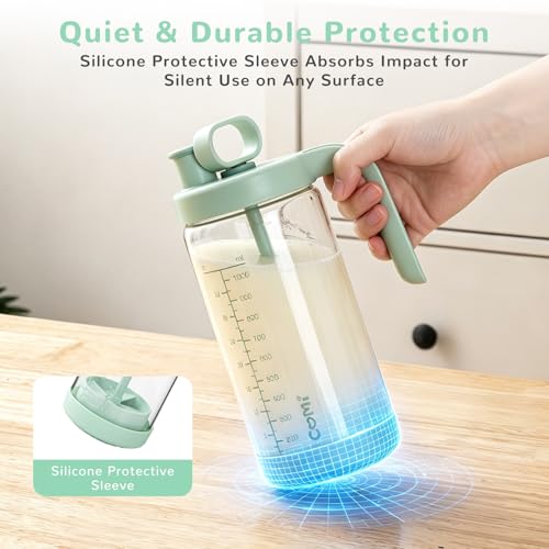 COMI Glass Formula Mixing Pitcher with Easy-Blend Handle Lid, 32oz Leakproof Breast Milk Pitcher with Silicone Protective Sleeve, Designed for the Pitcher Method Breastmilk, BPA Free, Green