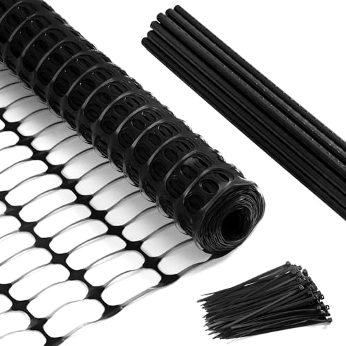 Temporary Fence Plastic Fence with Posts,40" x100' Safety Barrier for Dogs Snow Mesh Fencing with Steel Stake 4Ft Movable Portable Fencing Fence Roll 40In High for Garden Backyard Outdoor-Black - color: Black