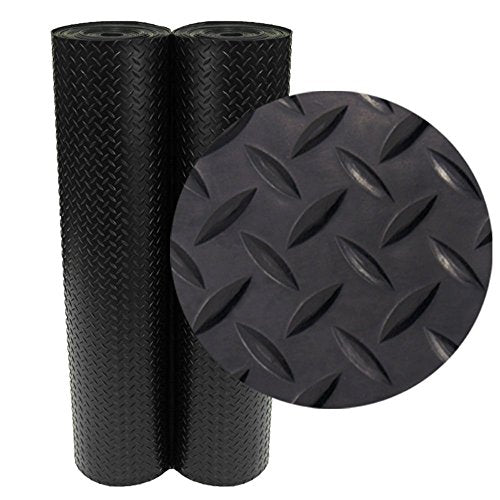 Rubber-Cal Diamond-Plate Rubber Flooring Roll - 3 mm x 4 ft x 6 ft Roll - Black - size: 72"L x 48"W x 0.1"Th